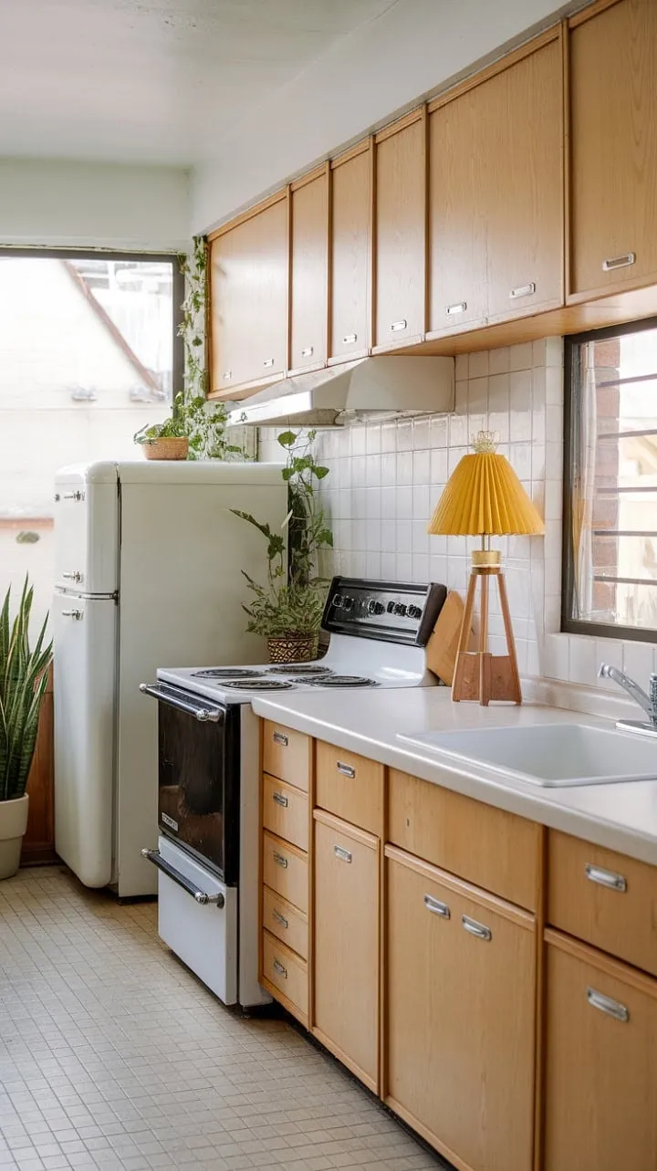 In this mid-century kitchen, the soothing hum of the black stove harmonizes with light wood and white accents, crafting a stylish yet inviting sanctuary.