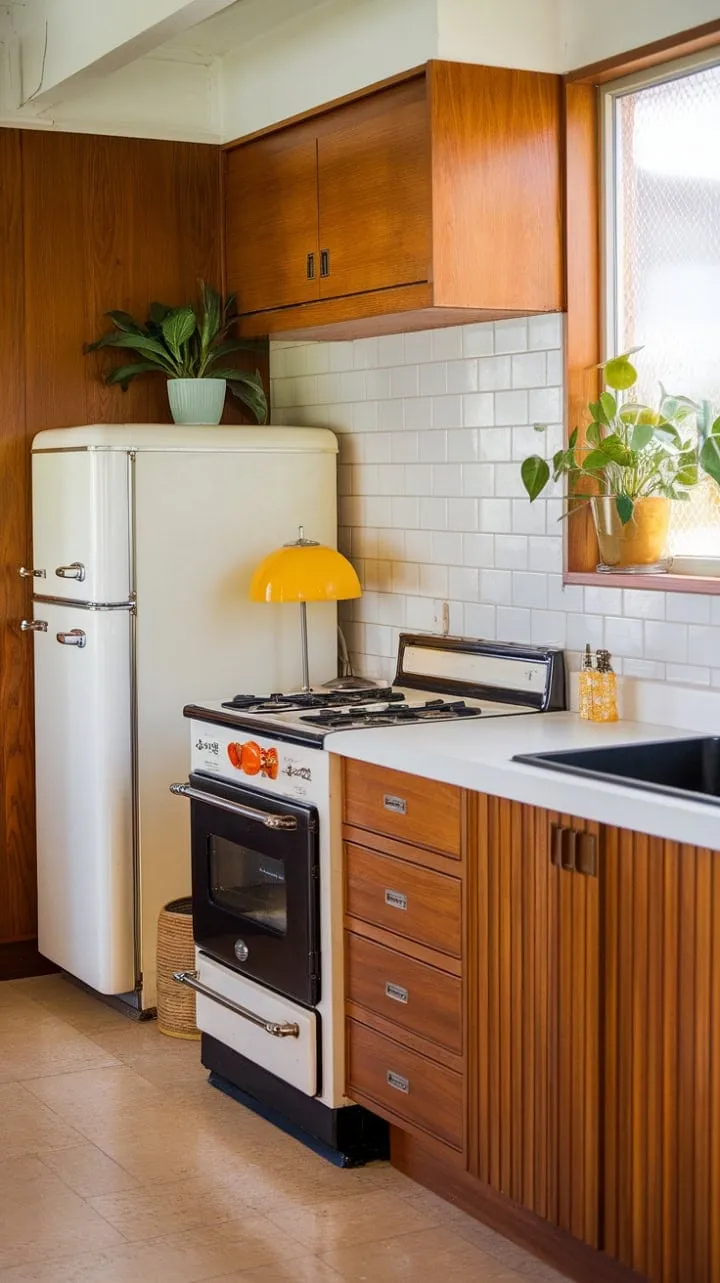 This mid-century modern kitchen radiates nostalgic charm with its sun-drenched colors, warm wood cabinetry, and a playful pop of orange from a vintage stove, all beautifully accented by a cheerful yellow lamp and a vibrant green plant.