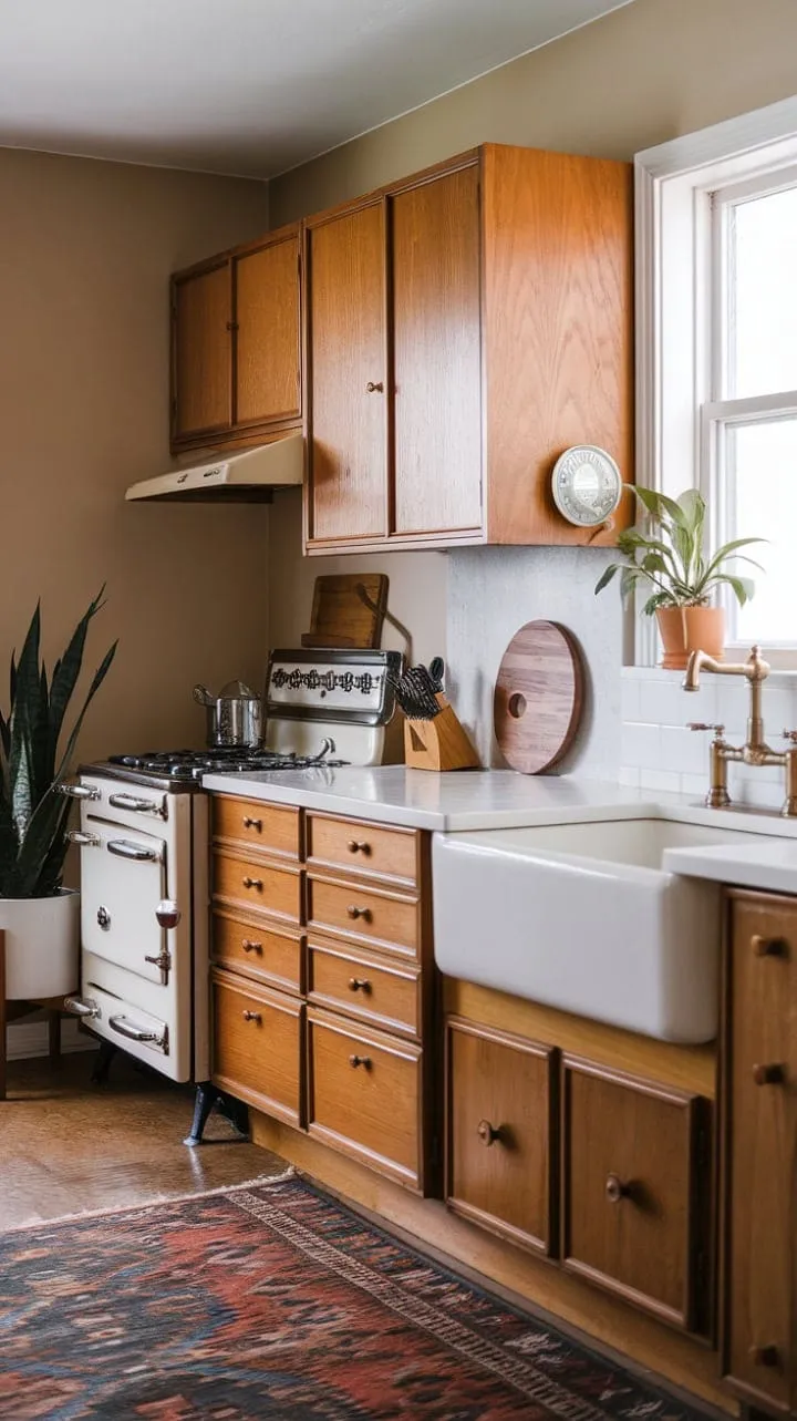 This mid-century modern kitchen, with its warm beige walls and vintage charm, elegantly echoes the simplicity and beauty of a bygone era.