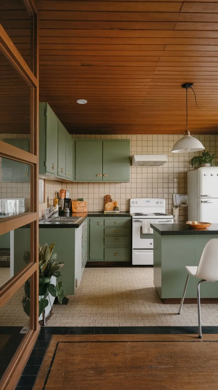 This kitchen harmoniously blends calming green cabinetry with warm wood tones and sleek modern elements, creating an inviting and sophisticated space.