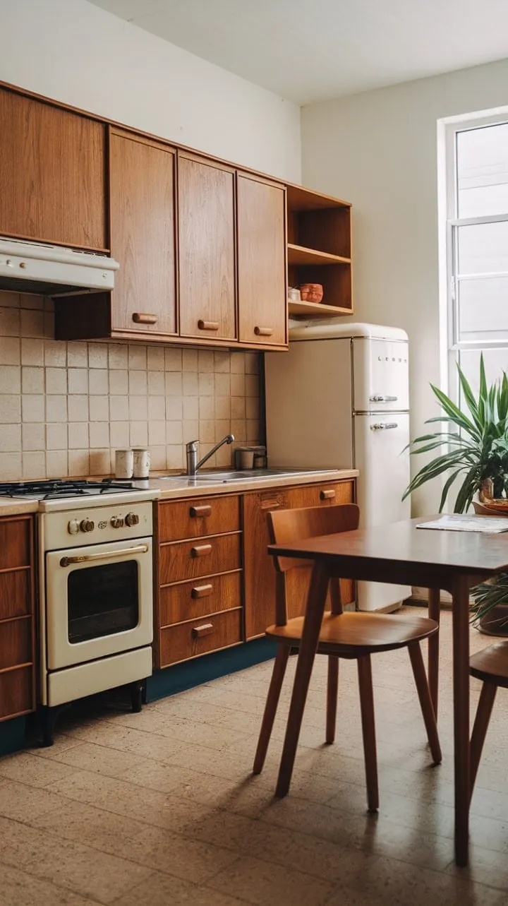 This mid-century modern kitchen beautifully balances warm wood tones and vintage charm with a fresh, inviting atmosphere, highlighted by a vintage oven and a flourishing potted plant.