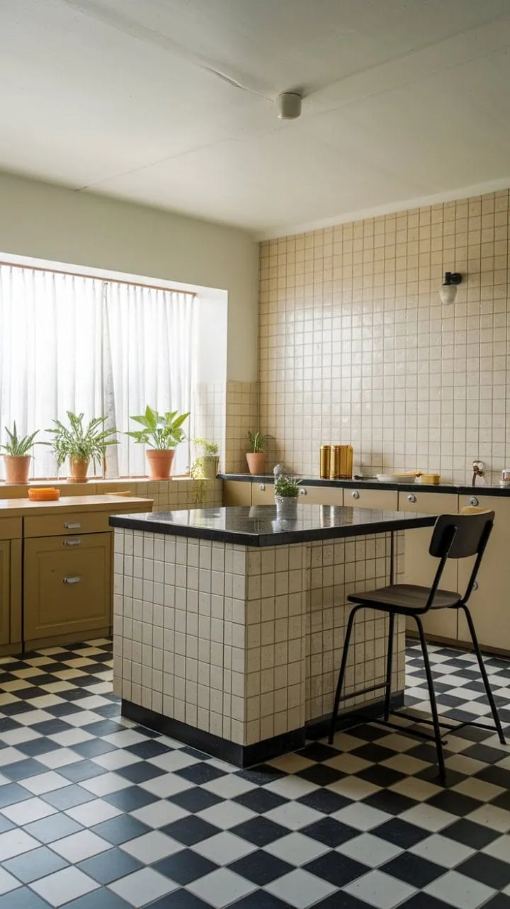In this mid-century modern kitchen, a chic blend of beige and black, playful checkered flooring, and vibrant potted plants create a stylish yet functional harmony.