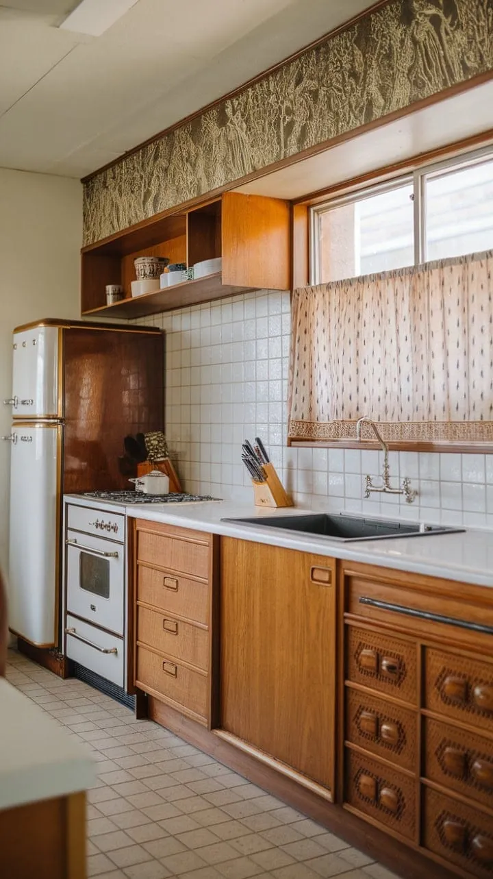 This mid-century kitchen harmoniously blends rich wood cabinetry with bright white countertops and a vintage-patterned curtain, creating a chic yet understated elegance.