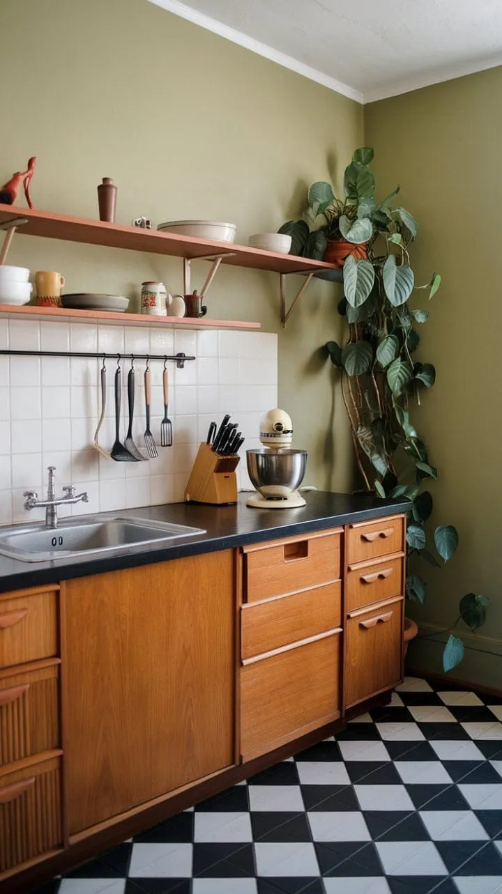 This kitchen is a retro-inspired haven of stylish functionality, harmonizing warm wood, cool black, crisp white, and bold green with vintage accents.