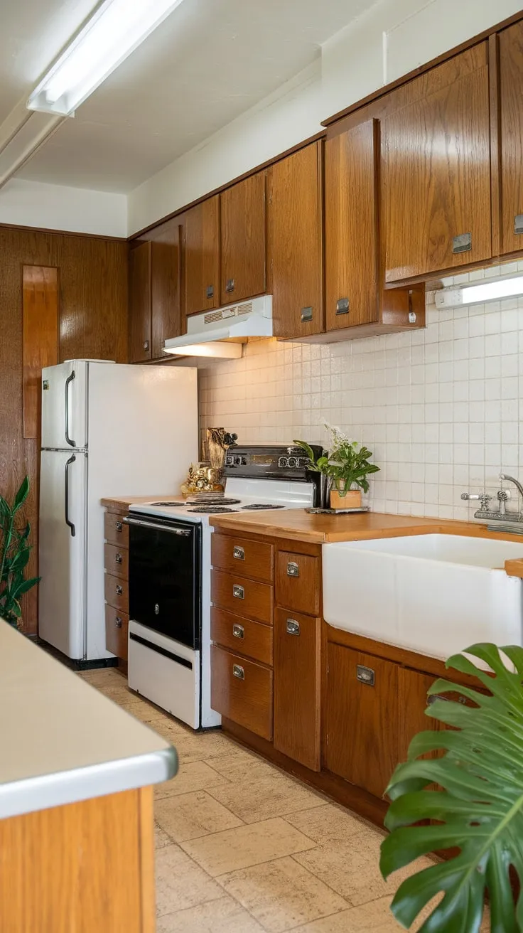 Bright sunlight illuminates a mid-century modern kitchen's warm wood cabinets, crisp white surfaces, and cheerful green plant.