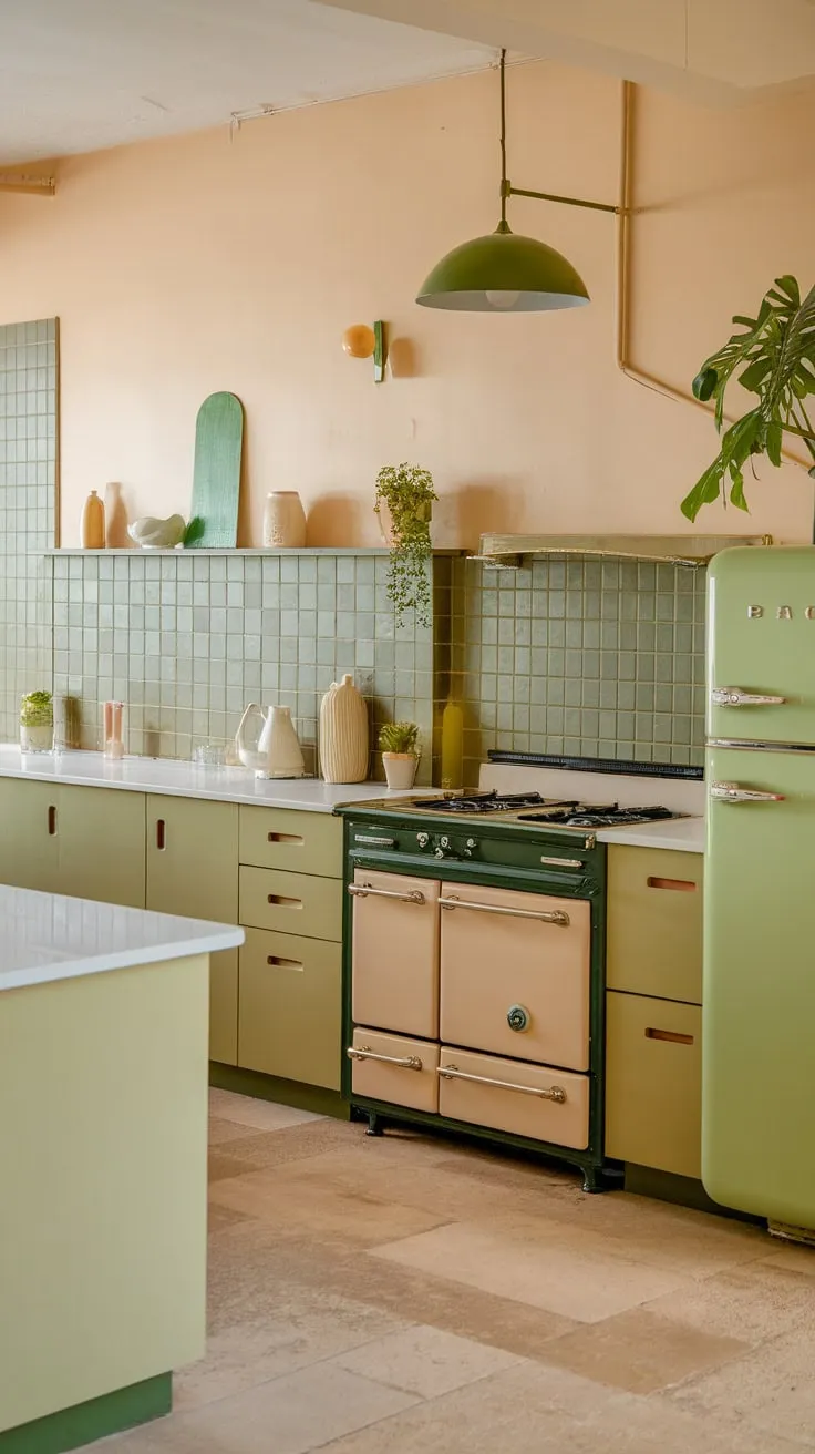 Beige and green hues create a calming mid-century modern kitchen, highlighted by a white countertop and retro appliances.