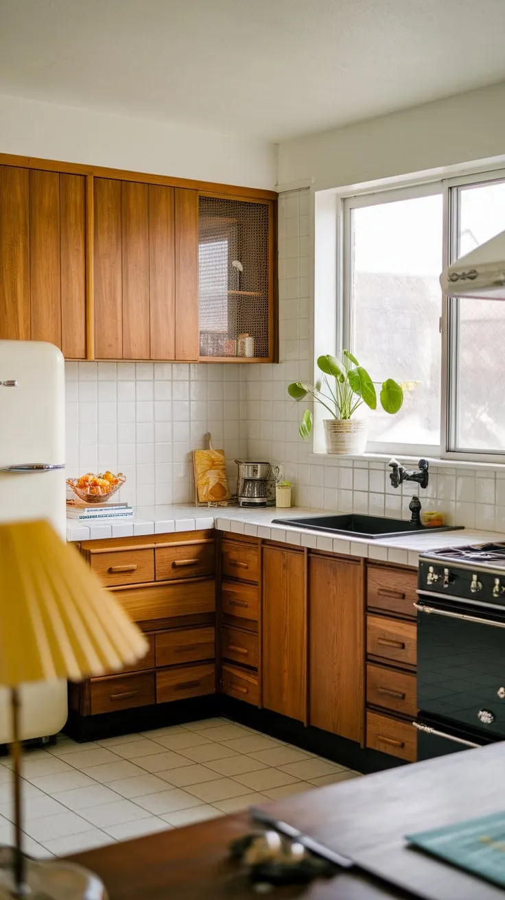 Warm wood cabinets, crisp white counters, and bold black accents define this mid-century modern kitchen's retro charm