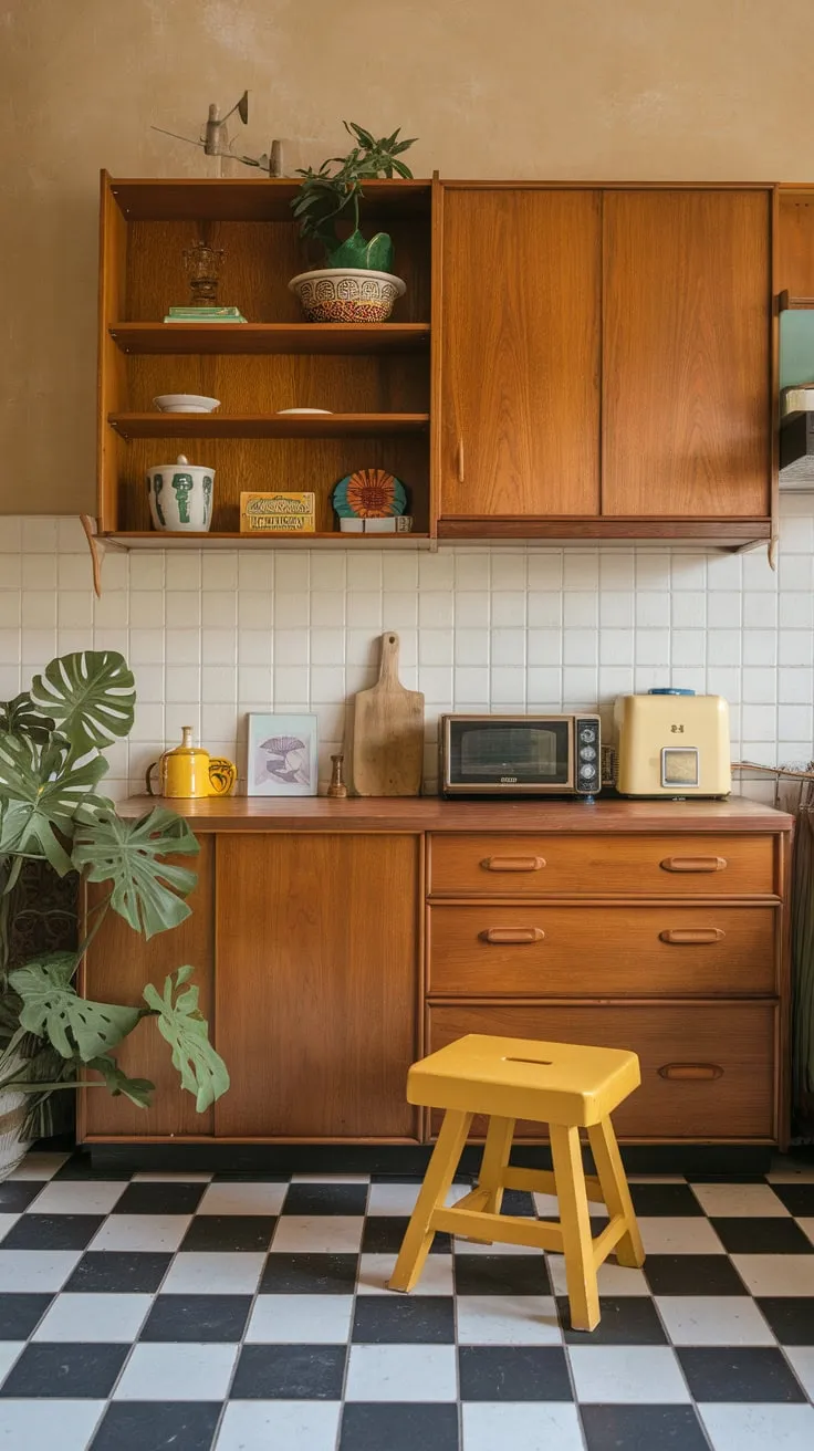 Warm beige walls, black and white checkered floors, and wooden cabinetry create a vibrant mid-century modern kitchen scene.