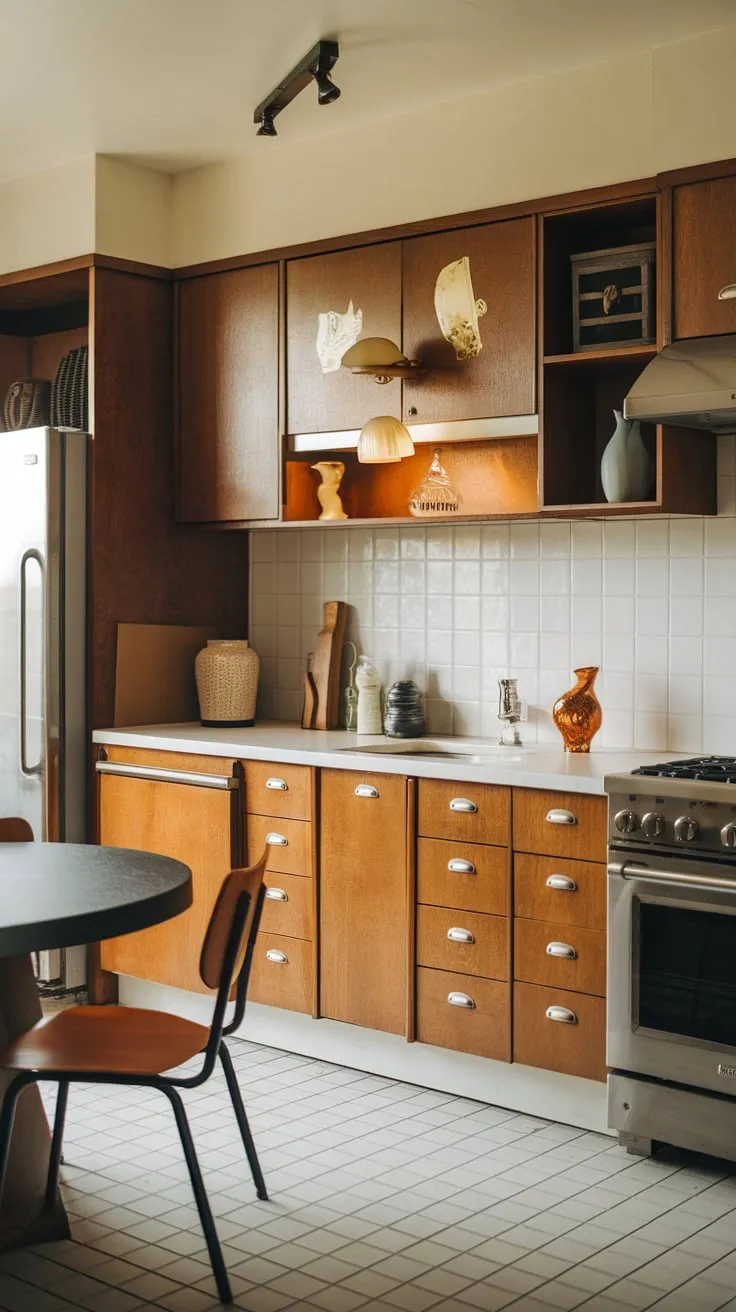 Warm wood cabinets, crisp white counters, and gleaming stainless steel define this mid-century modern kitchen's stylish blend of form and function