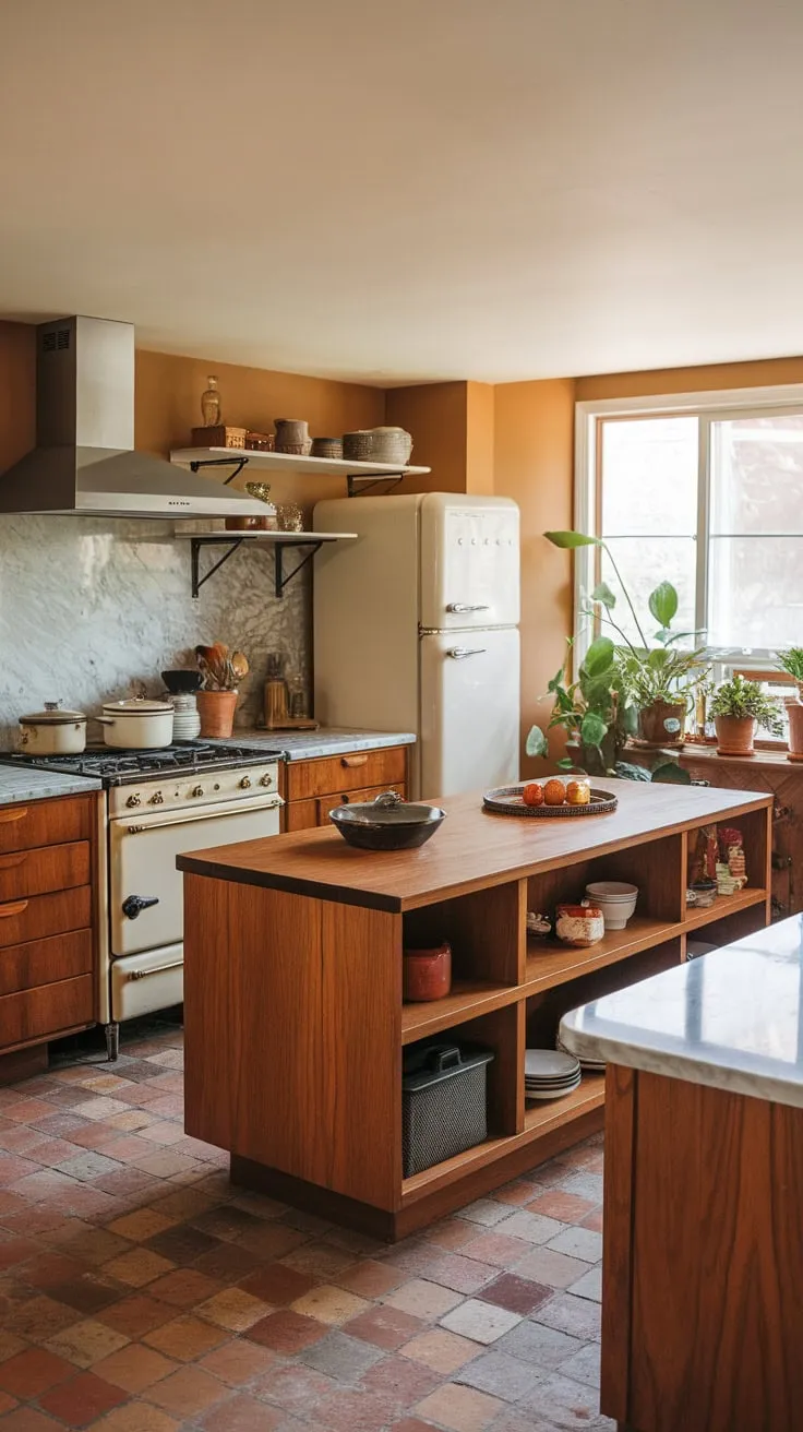 A mid-century modern kitchen dream featuring a wooden island, marble countertops, vintage appliances, and terracotta floors bathed in warm light.