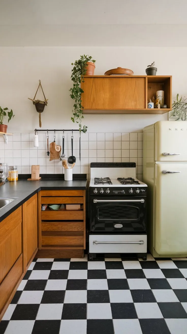 A retro refrigerator and black stovetop accentuate the warm wood cabinetry and stylish simplicity of this mid-century kitchen.