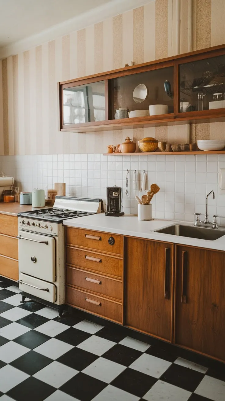A vintage stove and striped wallpaper complete the stylish mid-century modern kitchen's aesthetic.