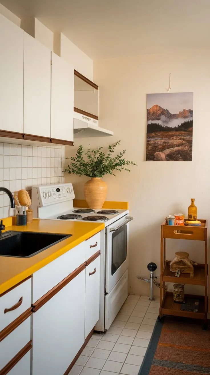 Sunshine-hued countertops and crisp white cabinetry define this mid-century modern kitchen, accented by a black sink and mountain-view artwork.