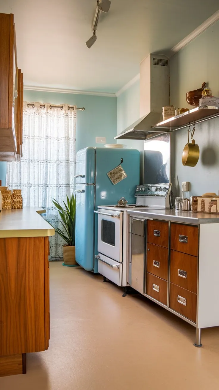 A mid-century modern kitchen blends warm wood tones with cool blues and whites, creating a stylish and functional space.