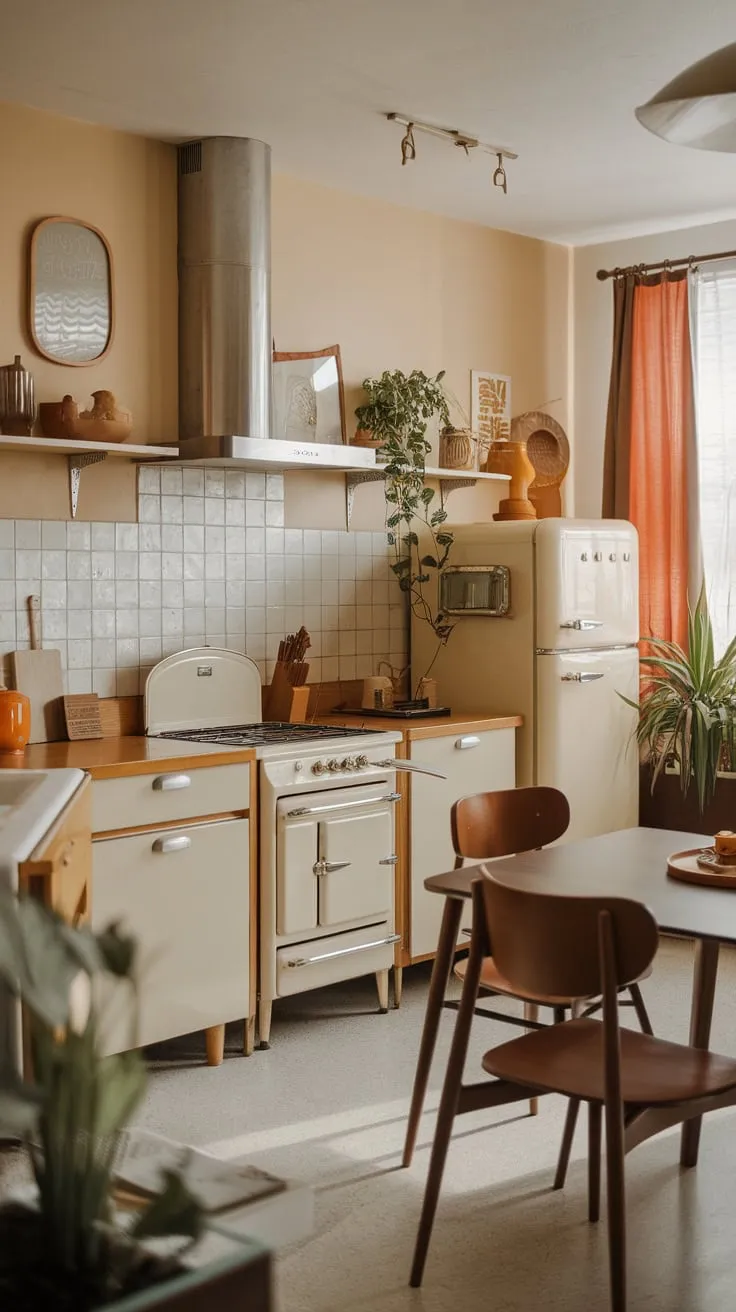 A retro kitchen in beige and white showcases vintage appliances and mid-century furniture, warmed by pops of orange and soft lighting.