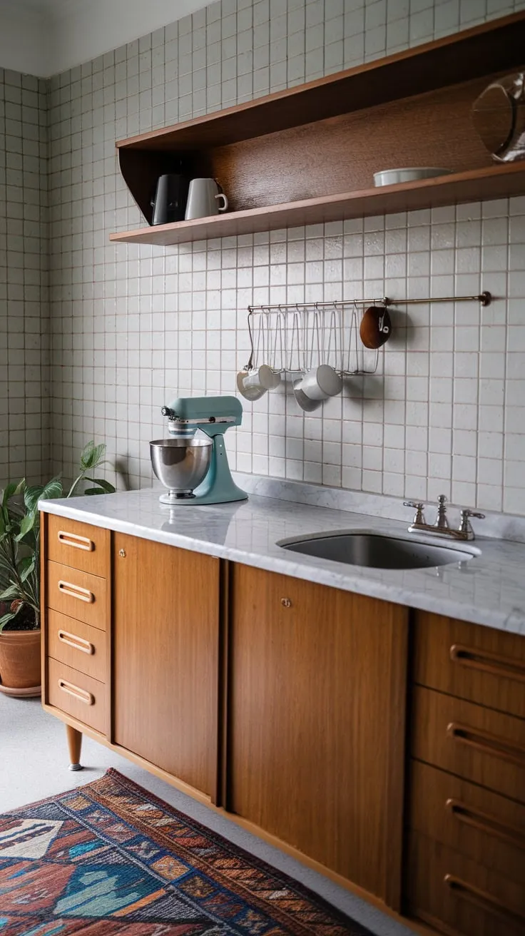 Sleek stainless steel and warm wood define this mid-century modern kitchen, accented by vintage charm and patterned tile.