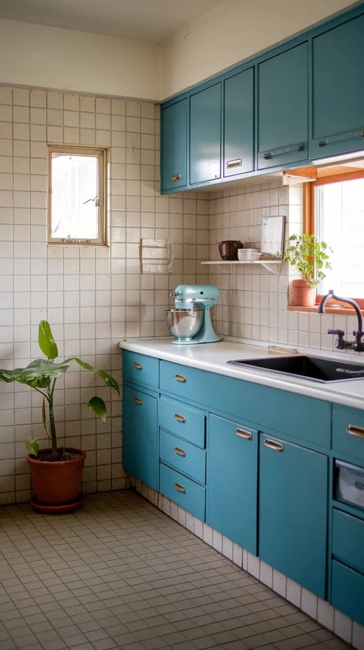 This kitchen masterfully combines sleek blue cabinetry and white countertops with retro accents, creating a warm and sophisticated design masterpiece.