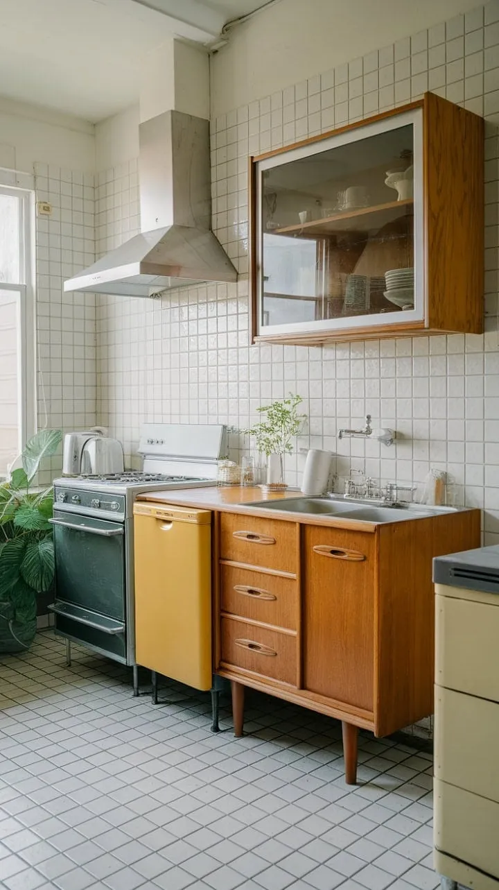 This mid-century modern kitchen harmoniously blends clean lines, rich wood tones, and natural light, showcasing timeless design with a stylish yet inviting ambiance.