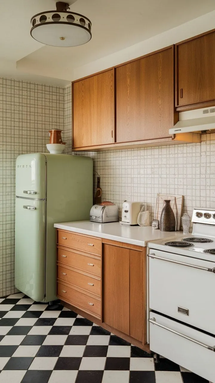 This kitchen harmoniously blends retro charm with refined elegance, featuring a vibrant green refrigerator and cheerful mid-century modern details.