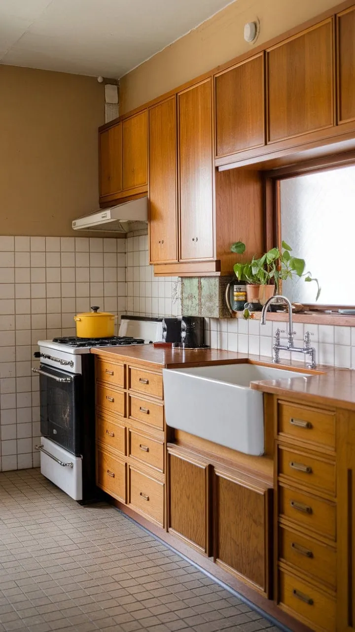 Sunlight dances through the mid-century kitchen, highlighting rich wood cabinetry and a cheerful yellow pot, creating a vibrant and serene heart of the home.
