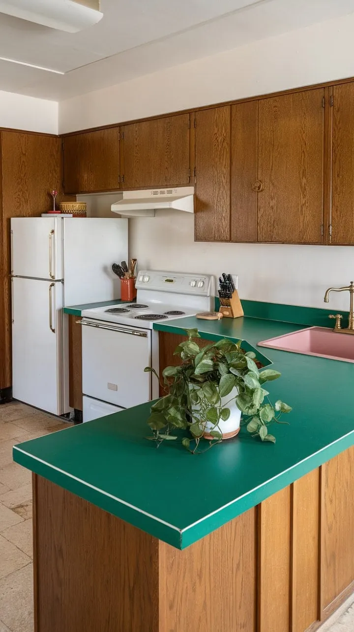 This mid-century kitchen blends understated elegance with a bold green countertop, warm wood tones, and retro pink accents for a captivating, timeless charm.