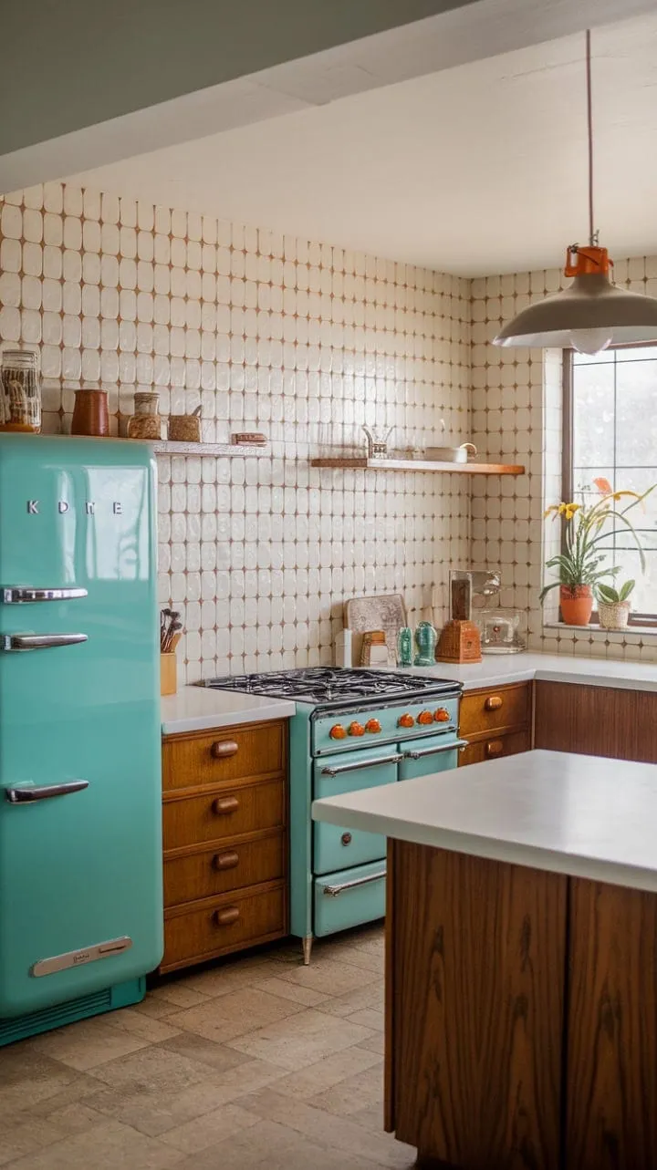 This mid-century modern kitchen harmoniously blends cool teal hues and warm wood tones with vintage charm and contemporary elegance, crafting a vibrant and inviting atmosphere.