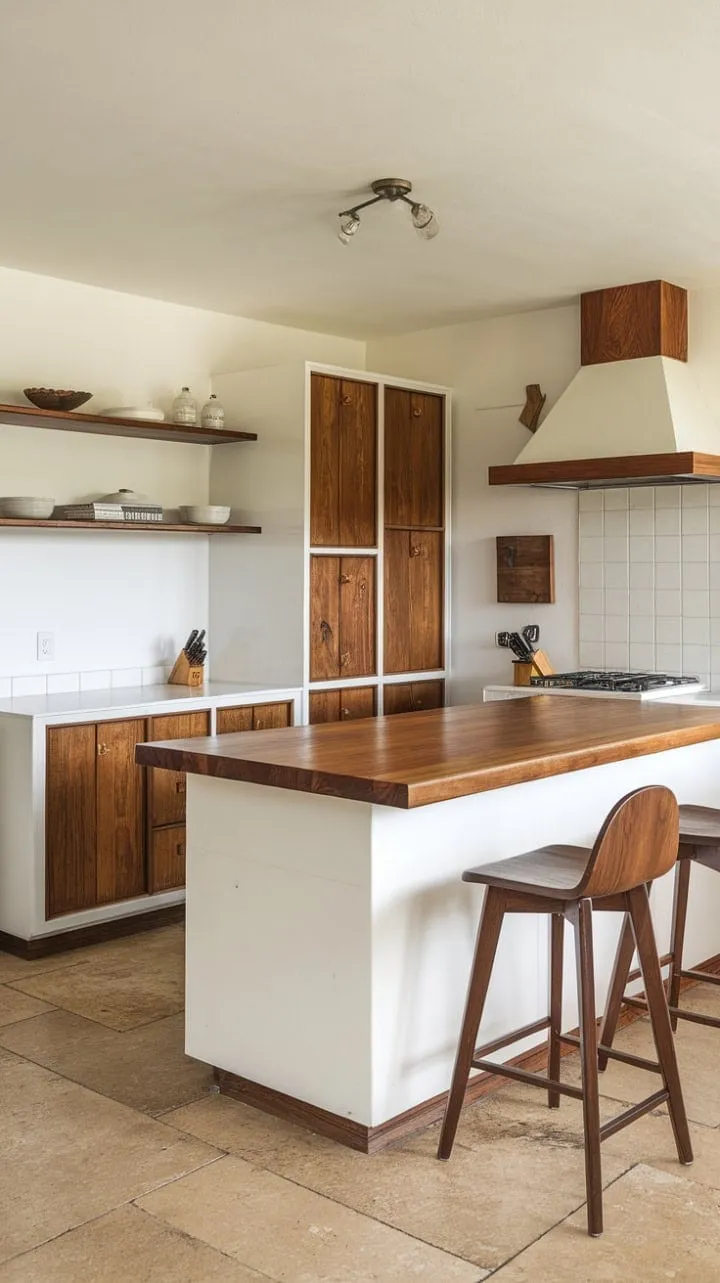 This mid-century modern kitchen masterfully combines rich wood accents with sleek white cabinetry, embodying a timeless elegance that is both inviting and chic.