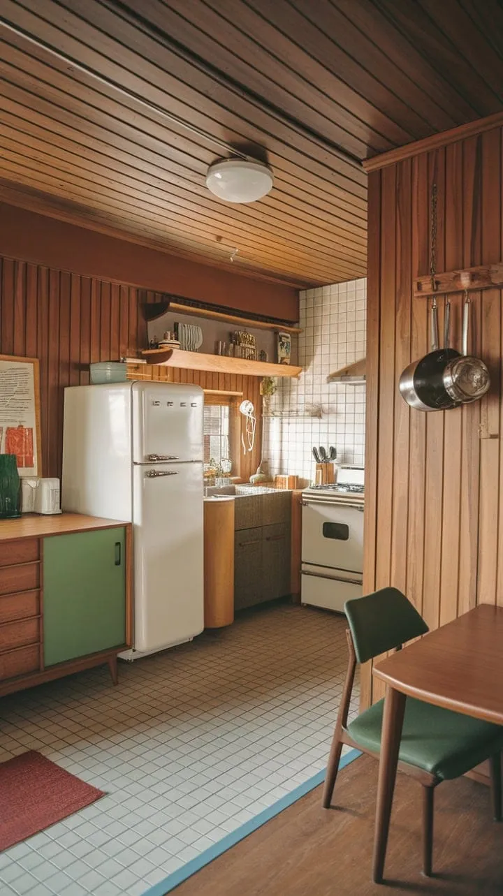 This kitchen blends warm wood tones and vibrant green accents, embodying mid-century charm and intentional elegance in every curated detail.
