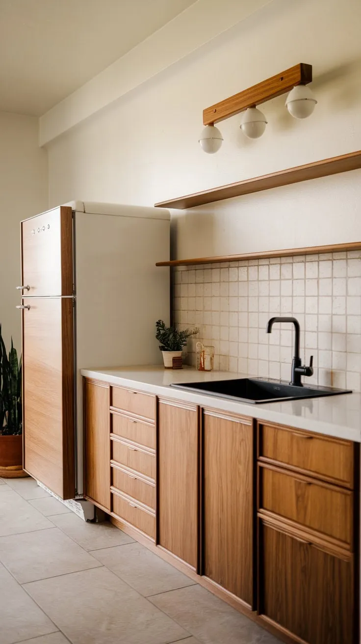 A mid-century modern kitchen's clean lines are highlighted by wood veneer accents against a backdrop of white and beige.