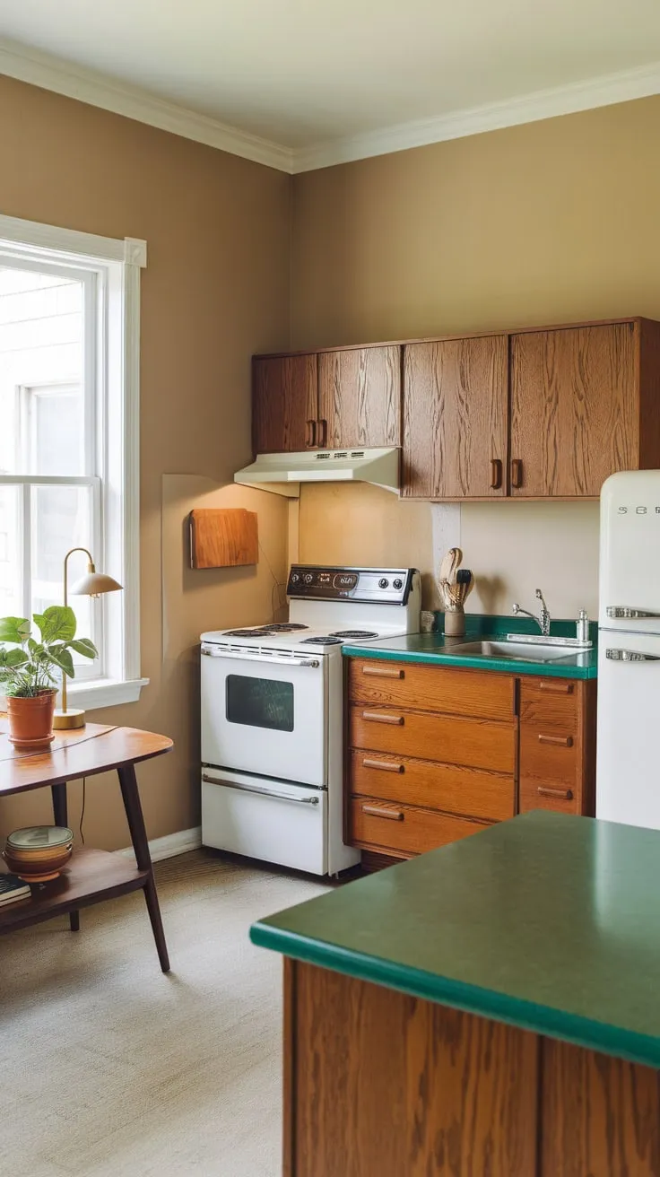A mid-century modern kitchen shines with its wooden accents, green countertop, and classic appliances, creating a warm and inviting space.