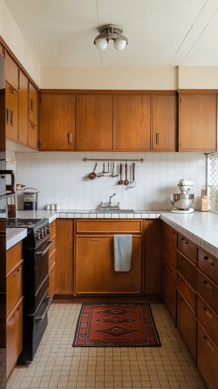 Warm wood cabinets, crisp white counters, and sleek black appliances define this retro-chic mid-century modern kitchen