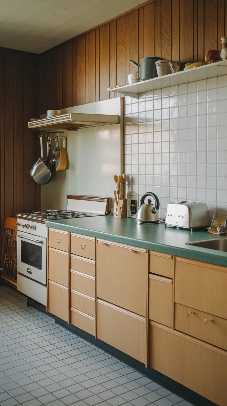 Warm wood and a vibrant green countertop define this retro-chic mid-century modern kitchen.