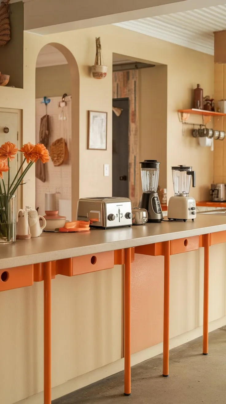 Warm orange accents and beige surfaces define this retro-chic mid-century modern kitchen, complete with vintage appliances and floral details.
