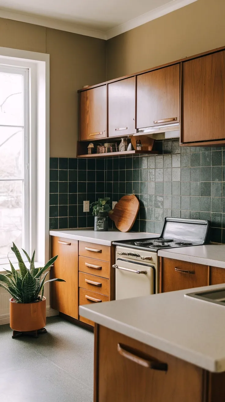 A mid-century modern kitchen's dark green backsplash and wood cabinets are complemented by white countertops and a vintage stove, creating a stylish and functional space.