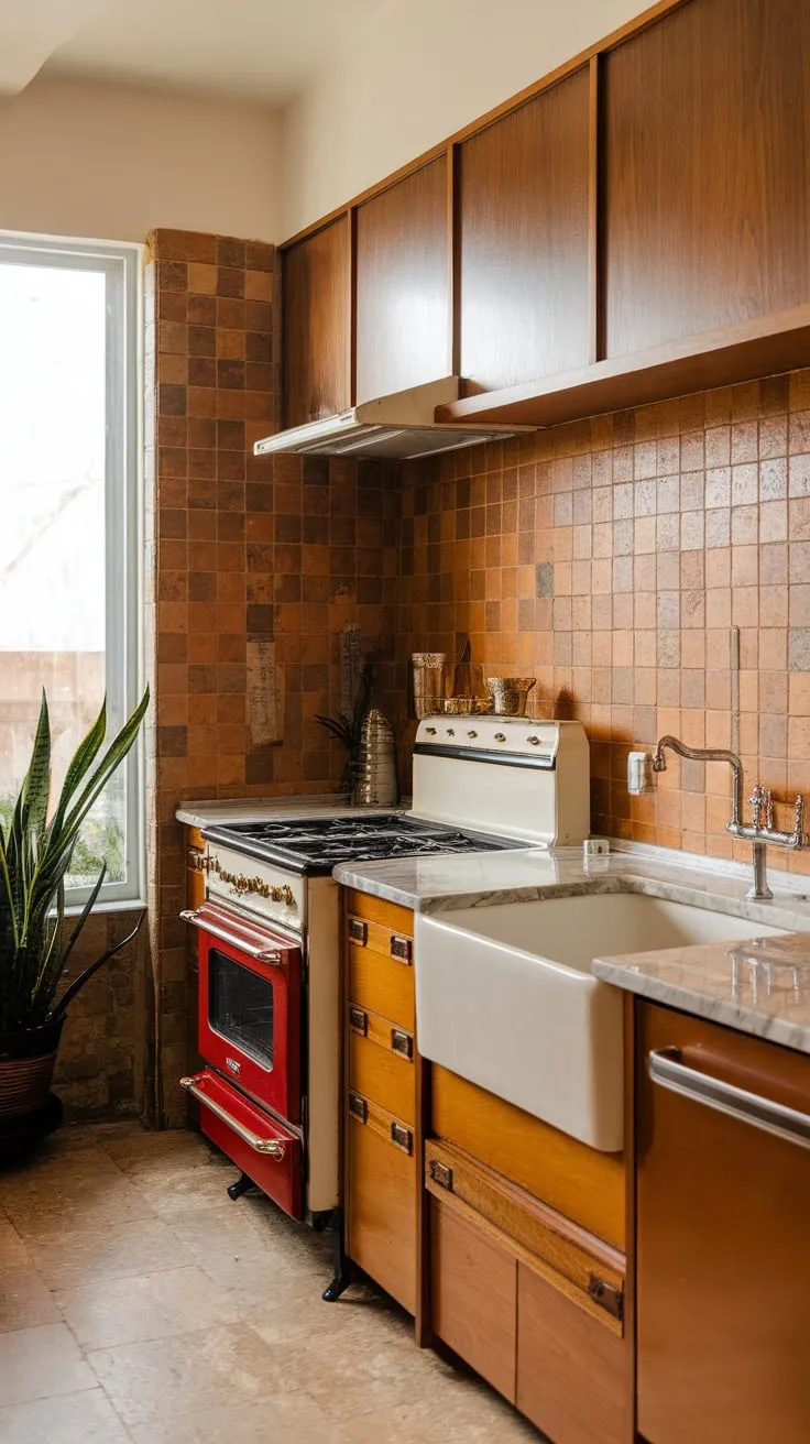 Warm hues and vintage charm define this mid-century modern kitchen, featuring a red stove, marble countertops, and vibrant orange tile backsplash.