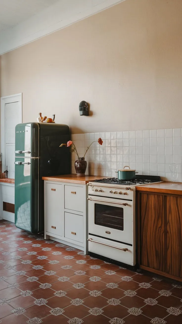 Classic mid-century modern design shines in this kitchen, featuring a wooden countertop, red and white tile floor, and a few contemporary accents.