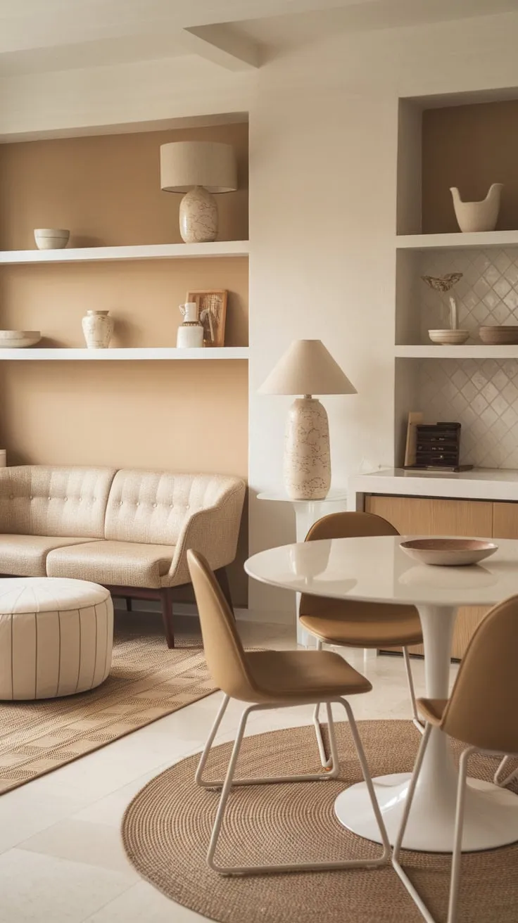 A mid-century modern kitchen's calming beige and white palette is accented by a charming round dining table and stylish seating arrangement.