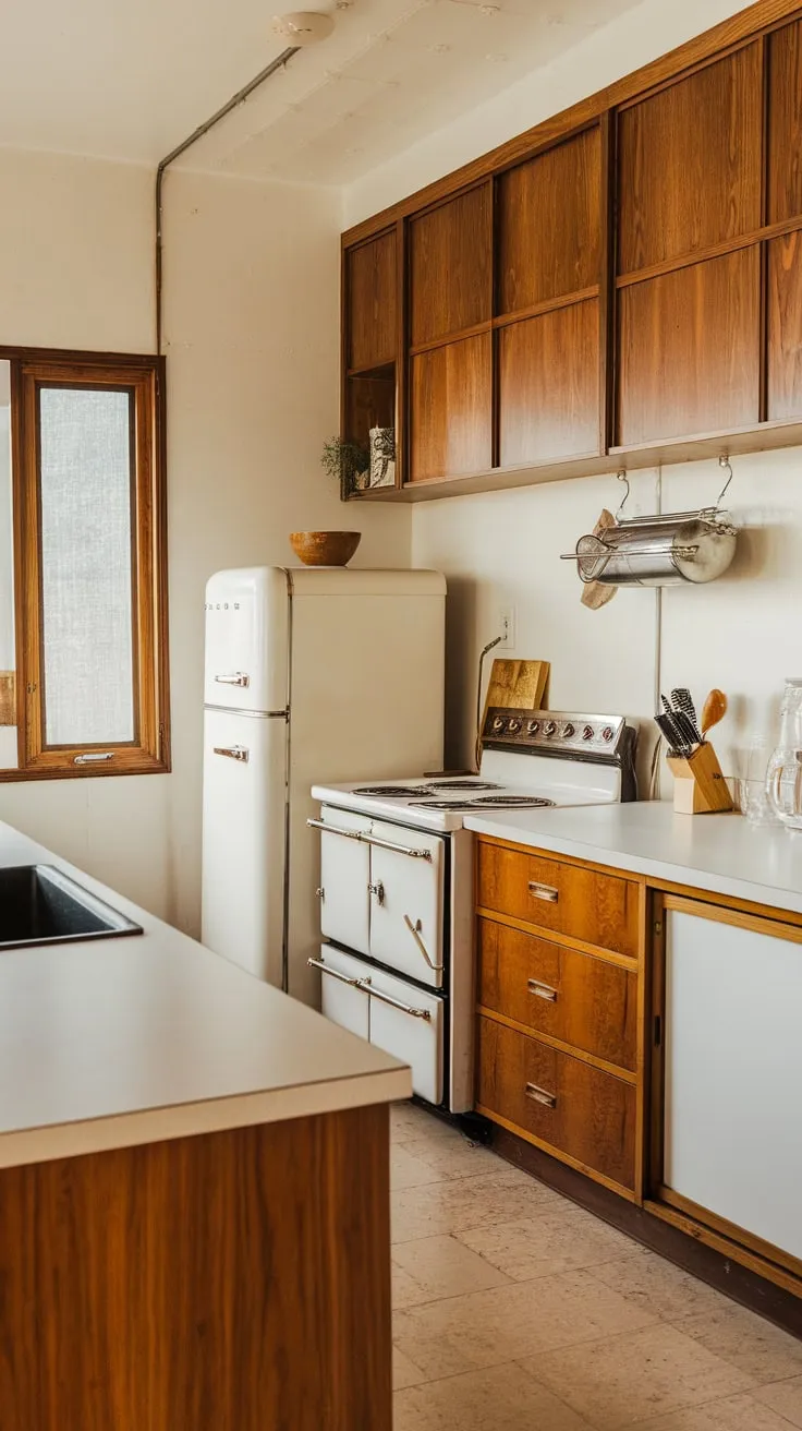 Warm wood tones and crisp white surfaces define this charming mid-century modern kitchen.