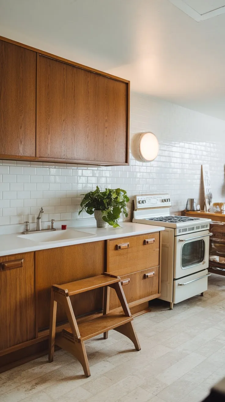 Clean lines and warm wood define this mid-century modern kitchen, accented by vintage appliances and a touch of greenery.