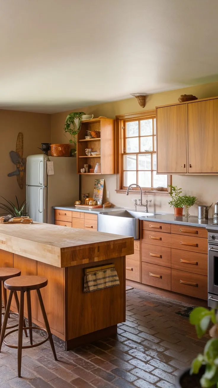 Warm wood cabinets, a butcher block island, and brick floors create a timeless mid-century modern kitchen.