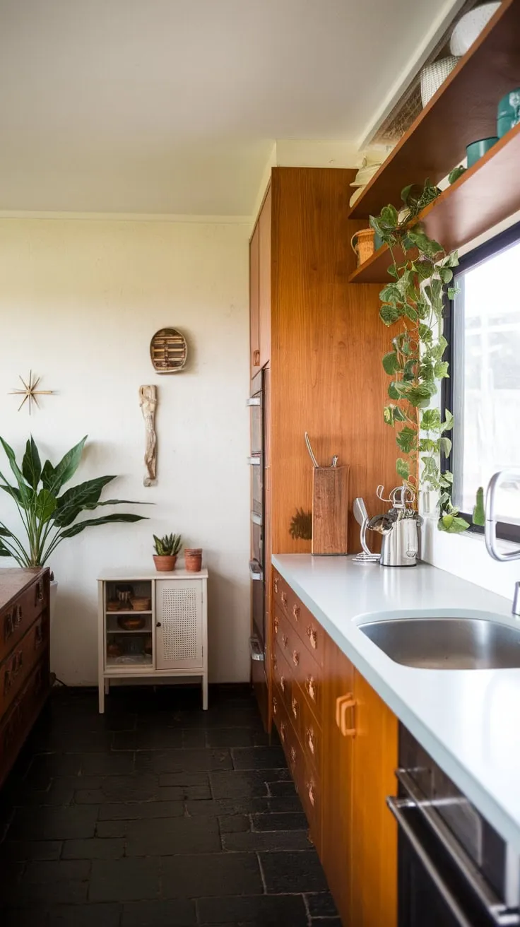 Dark tiles and pops of green complete the retro-chic aesthetic of this mid-century modern kitchen.