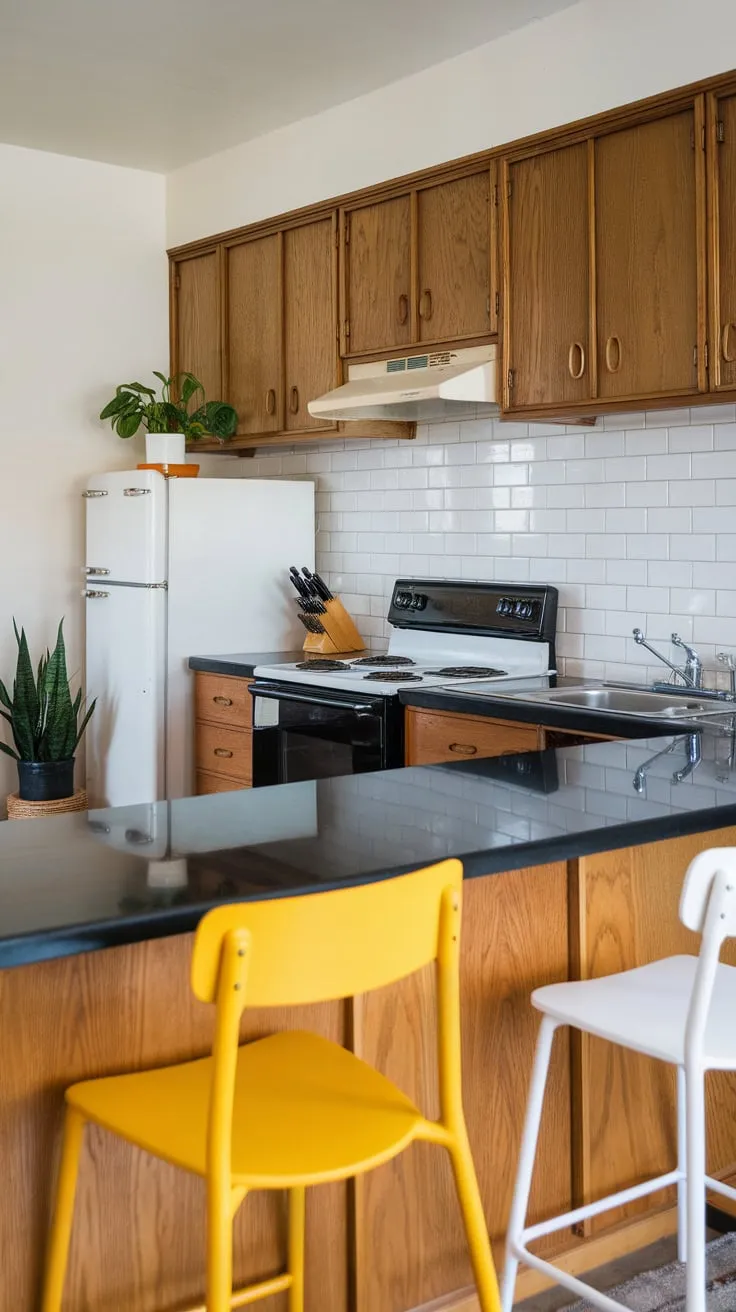 Retro style meets modern functionality in this mid-century kitchen, featuring contrasting colors and clean lines.