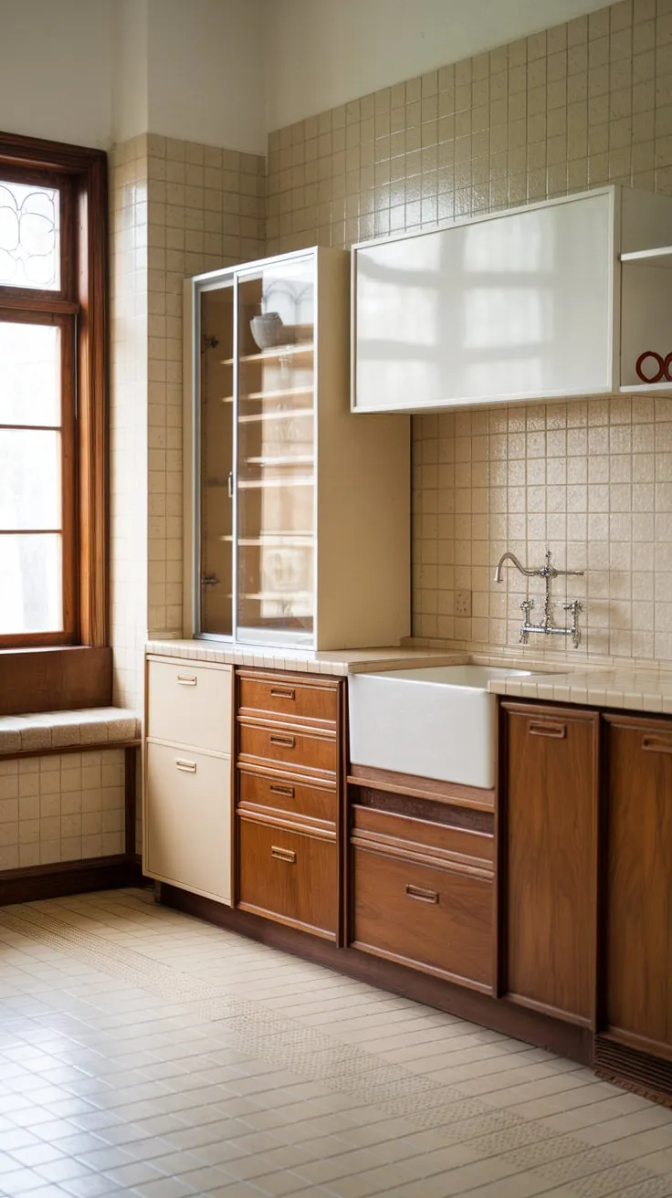 Warm beige and white tones highlight the clean lines and wood accents of this mid-century modern kitchen.