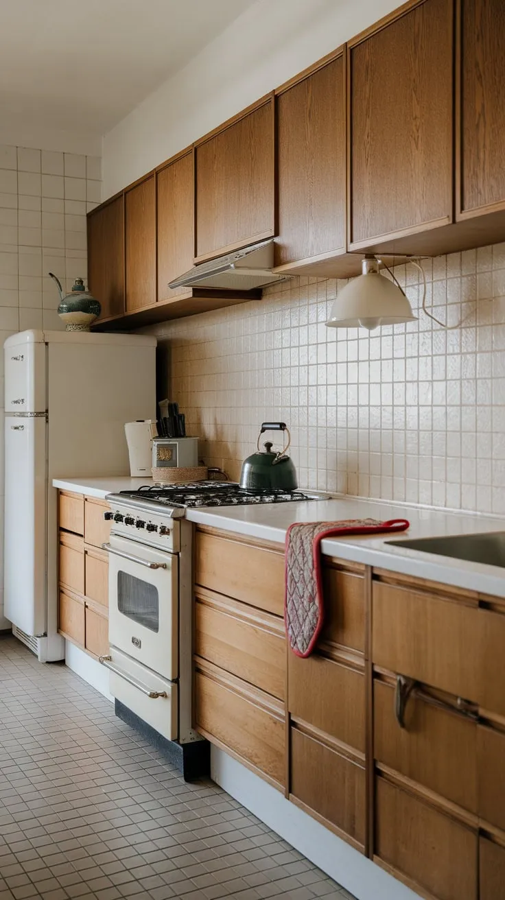 Warm wood cabinetry, a beige backsplash, and pops of vintage color create a charming mid-century modern kitchen.