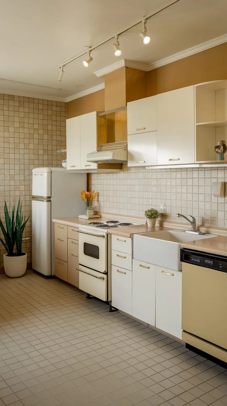 A bright, airy mid-century modern kitchen features a calming beige and white design, accented by a touch of greenery.