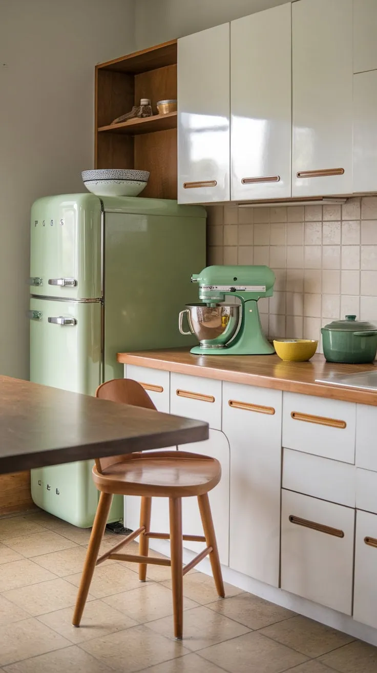 A mid-century modern kitchen awash in green and white, accented by warm wood and sunny yellow, evokes a stylish and functional past.