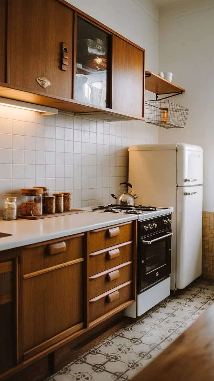 A mid-century modern kitchen, complete with wooden cabinets, white appliances, and patterned flooring, exudes warmth and timeless design.