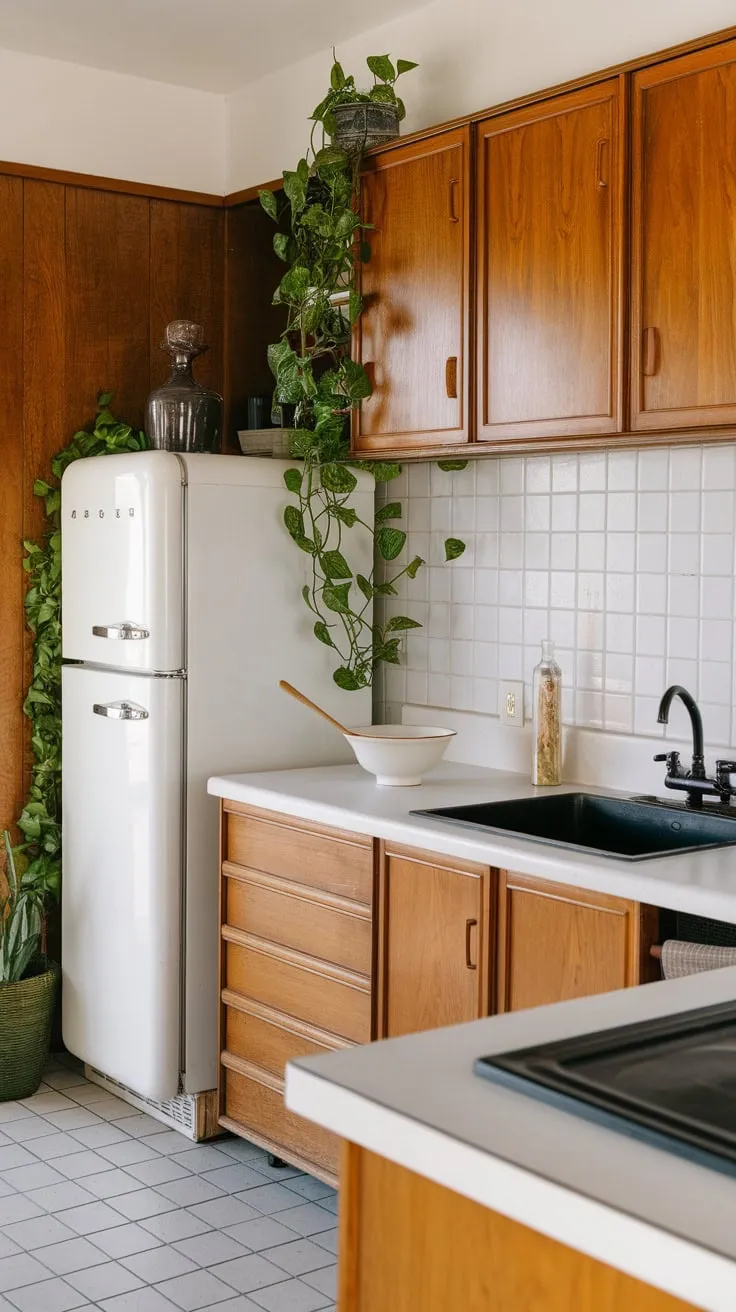A mid-century modern kitchen's timeless appeal shines through its wooden cabinetry, white countertops, and stylish black sink, complemented by a touch of greenery.