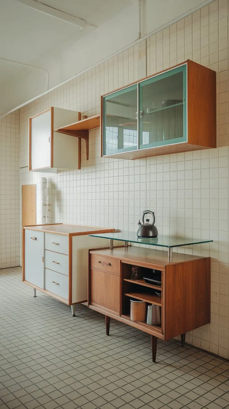 A black kettle sits atop wooden counters in this sunlit mid-century modern kitchen, showcasing its unique blend of wood, green glass, and beige tones.