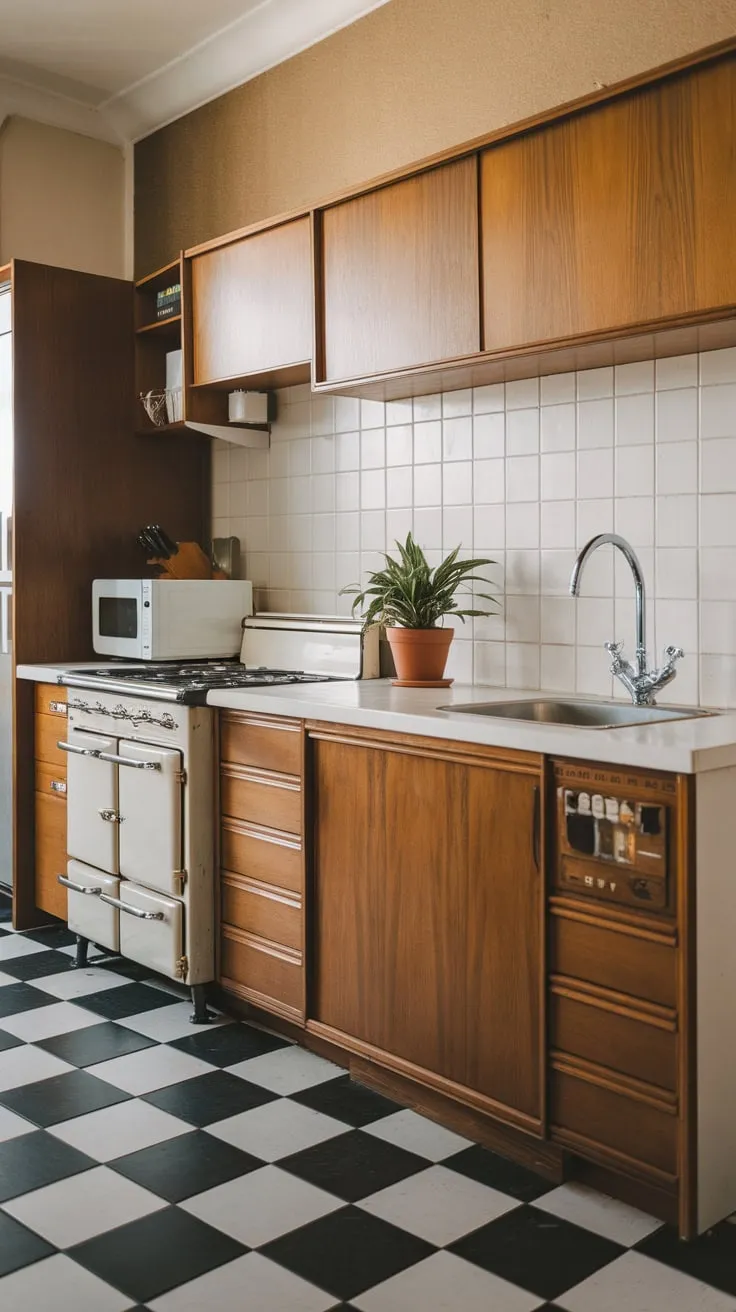 A vintage stove and potted plant complete the retro charm of this mid-century modern kitchen with its white countertops and beige walls.